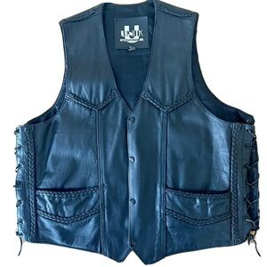 Unik Black Men Motorcycle Leather Vest Sz Large